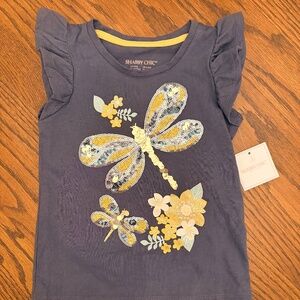 NWT Sequin SHABBY CHIC Girls Top T-Shirt Dragonfly Sparkle Ruffle Sz 4 Slate